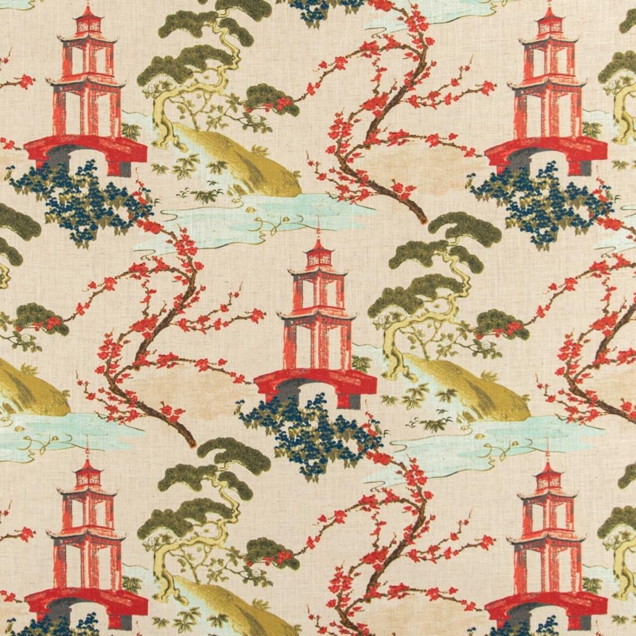 Green Red Stain Resistant Performance Global Toile Novelty Print Upholstery Fabric by The Yard - SKU: Linford Garden